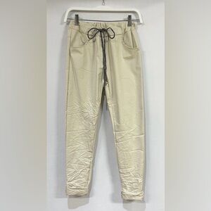 (7097-PU-BGE) PU CRINKLE JOGGERS WITH SILVER LUREX DRAWSTRING